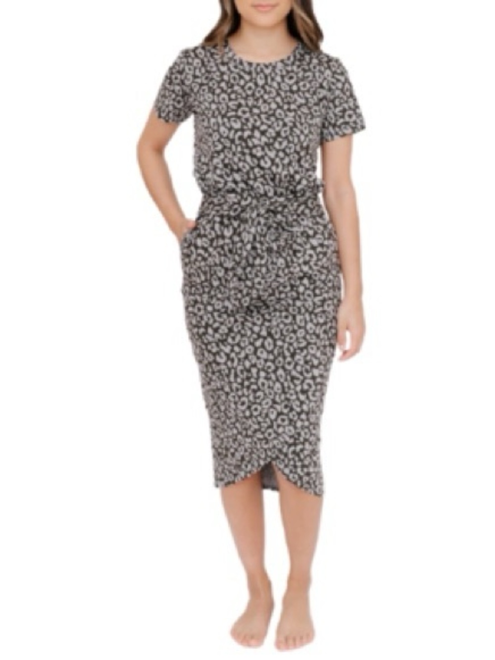 Smash + Tess Black and Gray Leopard-Print Midi Dress